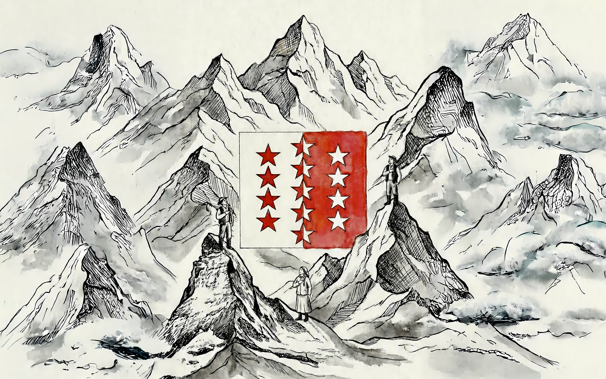 Illustration de style gravure représentant des sommets alpins en noir et blanc entourant le blason rouge et blanc du canton du Valais. Trois minuscules silhouettes humaines se tiennent debout sur les pics rocheux.