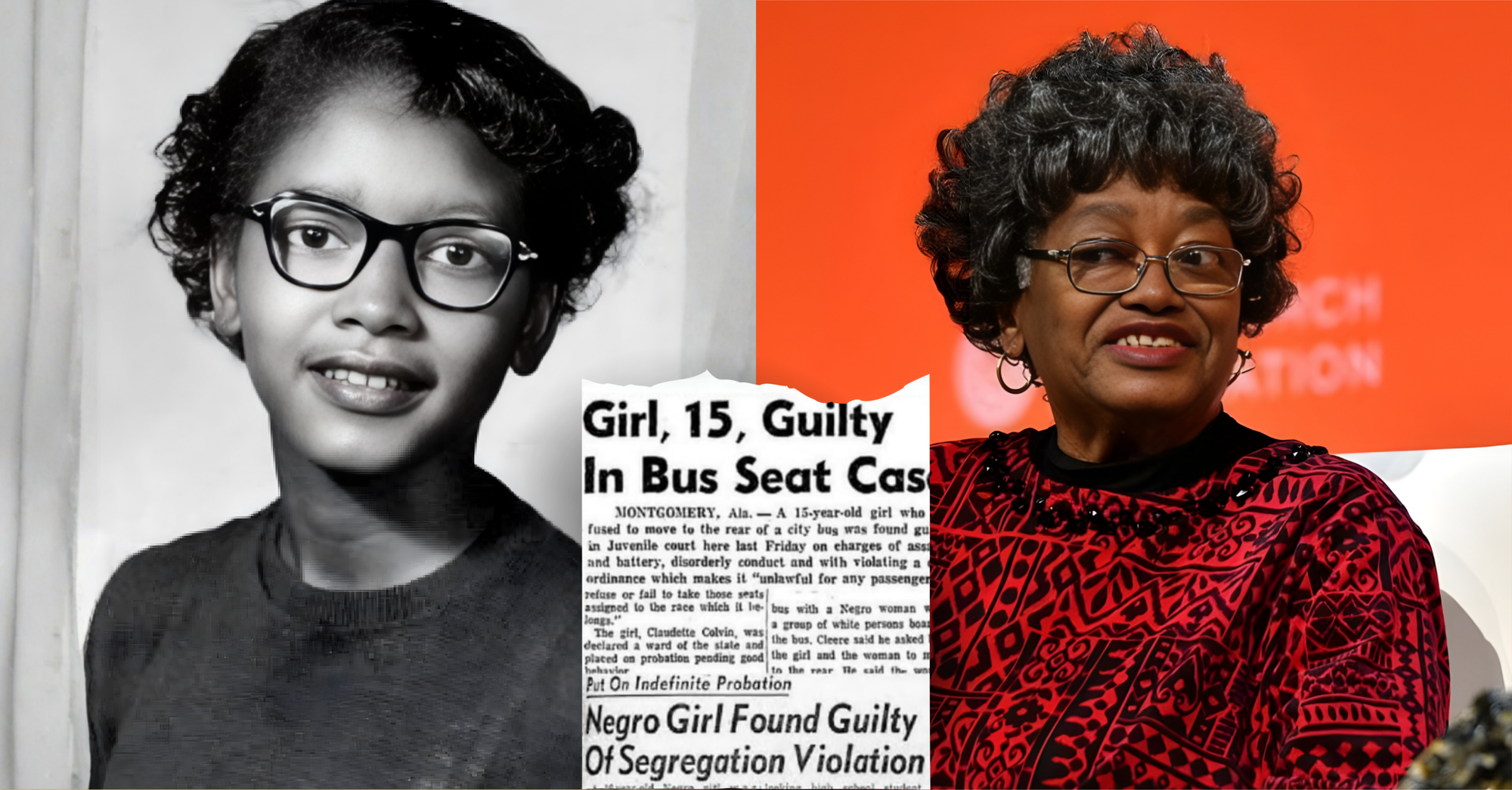 Ce photomontage juxtapose un portrait noir et blanc de Claudette Colvin adolescente et une photo couleur d’elle plus âgée, superposés en bas à une coupure de presse titrée en anglais « Girl, 15, Guilty In Bus Seat Case » annonçant sa condamnation pour l'affaire du siège de bus.
