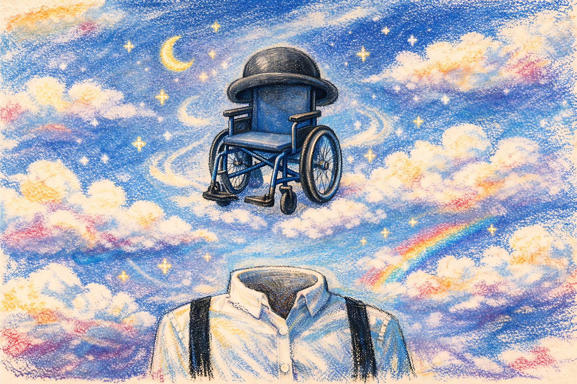 Illustration au crayon de couleur représentant un buste sans tête portant une chemise à col et des bretelles, surmonté d'un fauteuil roulant coiffé d'un chapeau melon, flottant dans un ciel étoilé parsemé de nuages colorés, d'un croissant de lune et d'un arc-en-ciel. Le style évoque une imagerie onirique et surréaliste.