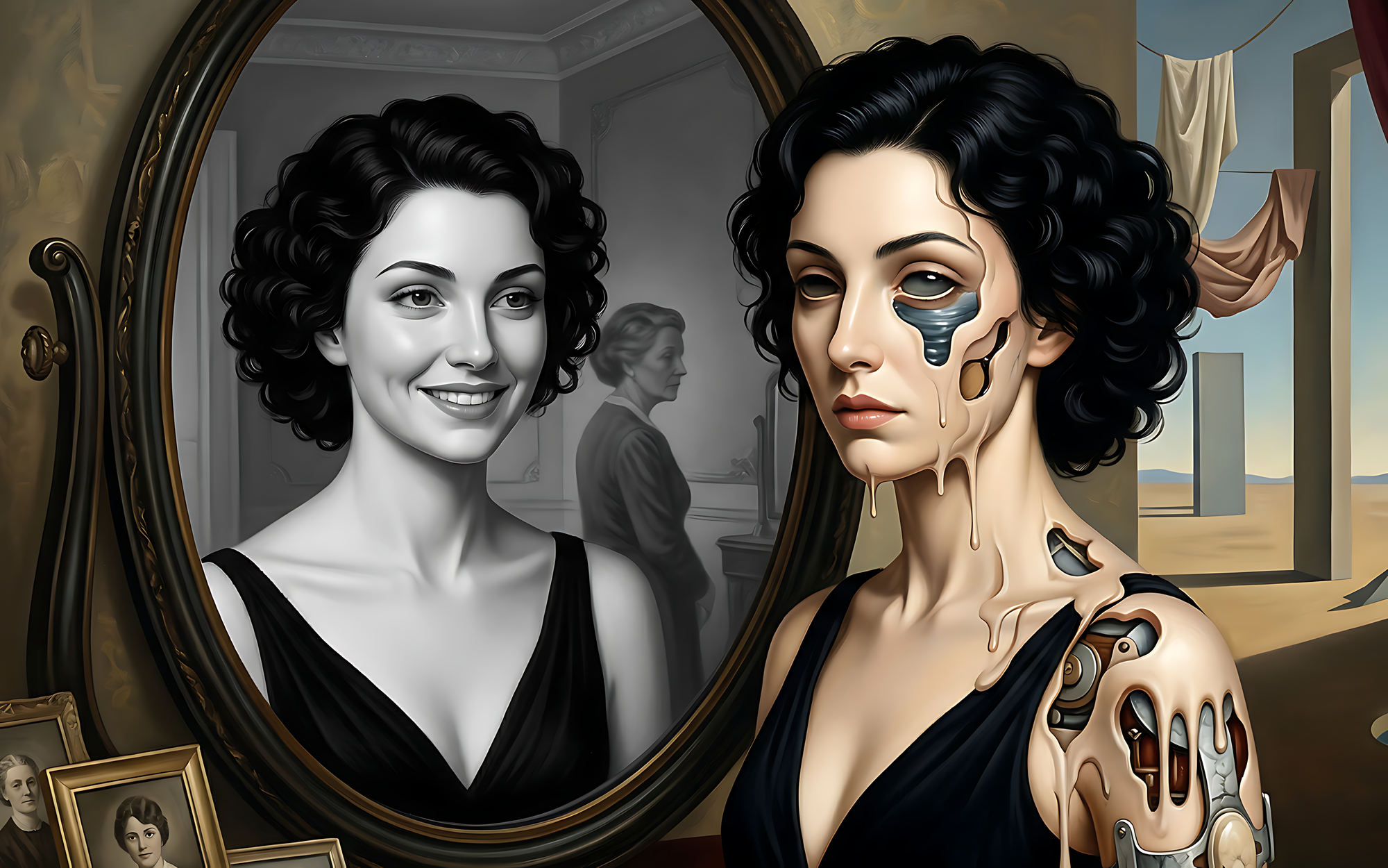 Illustration numérique de style surréaliste montrant une personne aux cheveux courts et bouclés, en haut noir, dont le reflet dans un miroir à gauche montre un visage souriant en noir et blanc, tandis que la personne à droite apparaît en couleur avec des parties du visage et de l’épaule qui fondent et laissent voir des éléments mécaniques internes. En arrière-plan, on distingue à gauche une personne plus âgée floue dans une pièce intérieure et, à droite, un paysage extérieur désertique avec des draps suspendus et des formes géométriques.