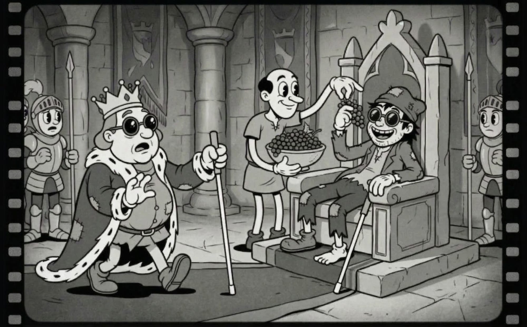 Illustration en noir et blanc de style dessin animé rétro représentant une scène dans un château médiéval : un roi portant des lunettes noires et une canne blanche se tient debout, l'air hagard, tandis qu'un personnage en haillons avec des lunettes noires et une canne blanche est assis sur le trône et se fait servir du raisin par un serviteur souriant. Deux gardes en armure encadrent la scène en arrière-plan.