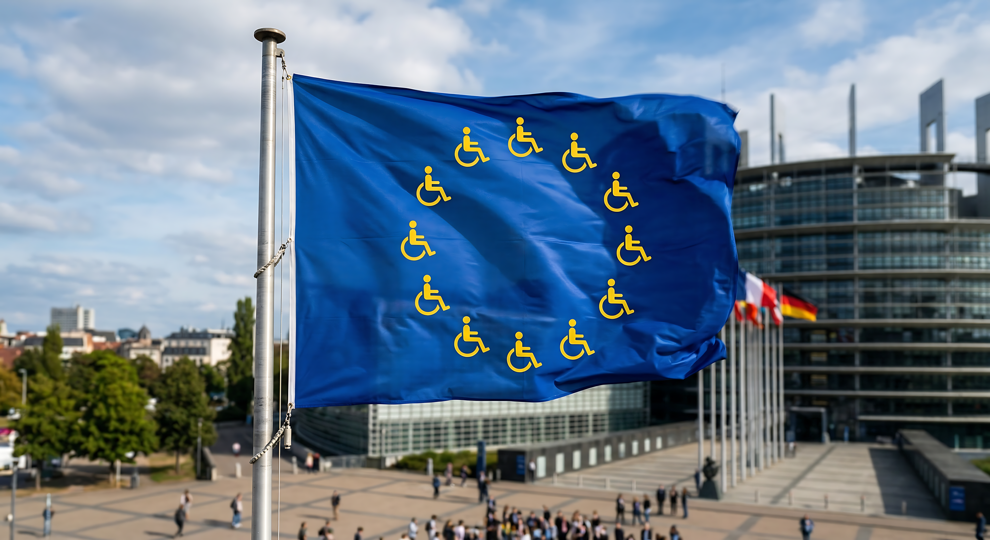 Drapeau bleu flottant sur un mât, avec un cercle de douze pictogrammes jaunes représentant une personne en fauteuil roulant. En arrière-plan, un grand bâtiment institutionnel vitré et d’autres drapeaux.