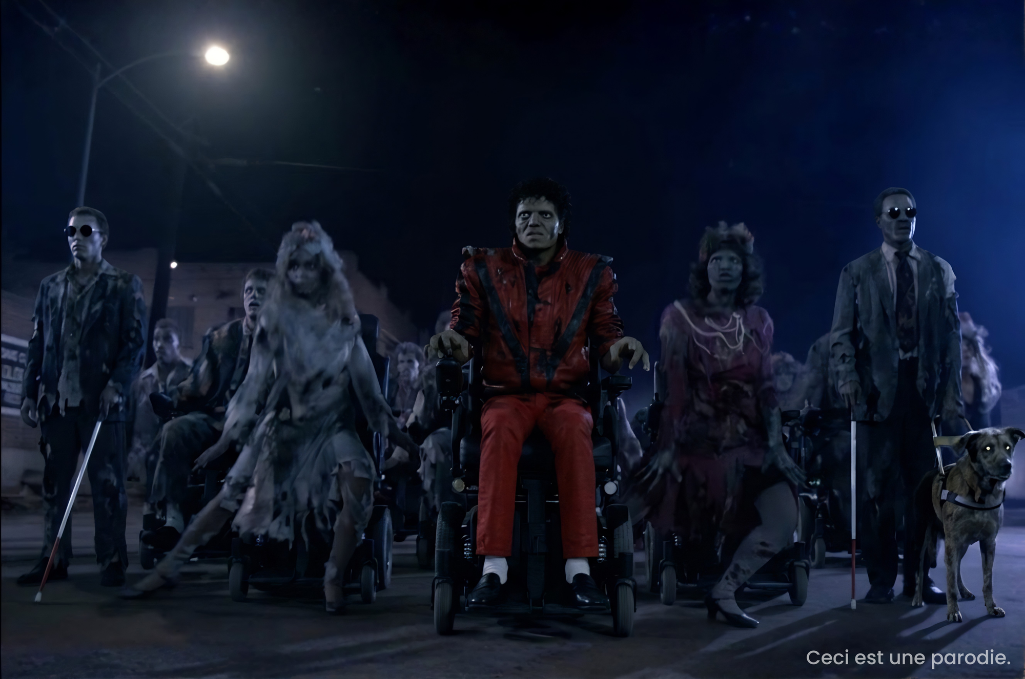 Scène nocturne où un groupe de personnes maquillées en zombies avance dans une rue, avec au centre une personne vêtue de rouge en fauteuil roulant et d’autres personnes utilisant des fauteuils roulants ou des cannes blanches. À droite, un chien portant un harnais se tient près d’une personne avec une canne blanche, et le texte « Ceci est une parodie. » apparaît en bas à droite.