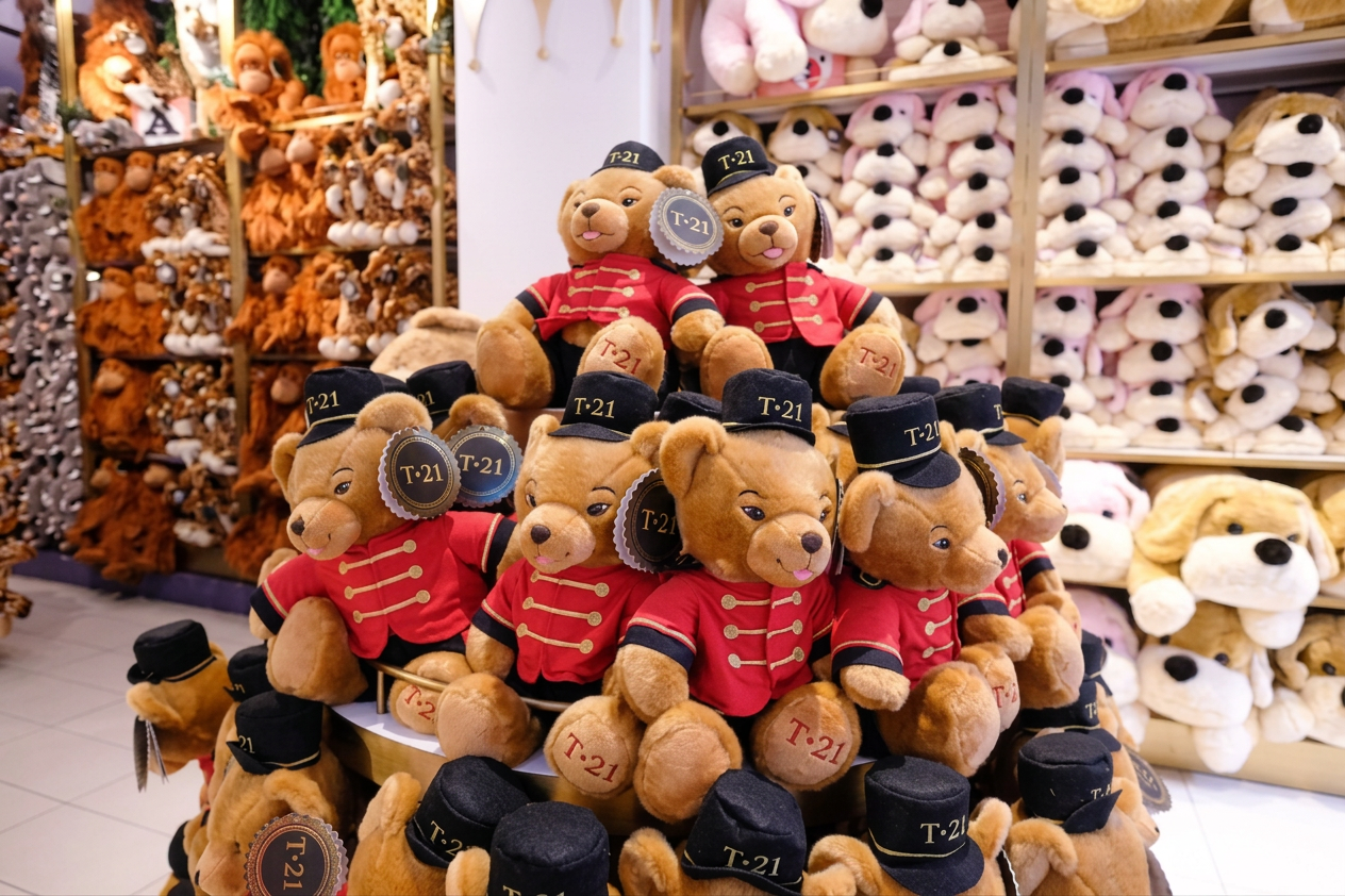 Pyramide d'oursons en peluche bruns vêtus d'uniformes rouges à galons dorés et coiffés de képis noirs floqués « T•21 », exposés dans un magasin de jouets devant des étagères remplies d'autres peluches. Les pattes et médaillons des oursons portent également l'inscription « T•21 » en lettres rouges et blanches.