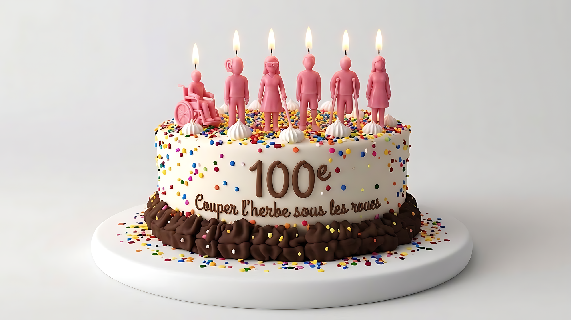 Gâteau portant l’inscription « 100e » et « Couper l’herbe sous les roues ». Sur le dessus, six figurines roses servant de bougies allumées, dont une en fauteuil roulant, une avec des béquilles, une avec une canne blanche, une portant un appareil auditif visible, une avec lunettes noires et une autre sans signe distinctif particulier.