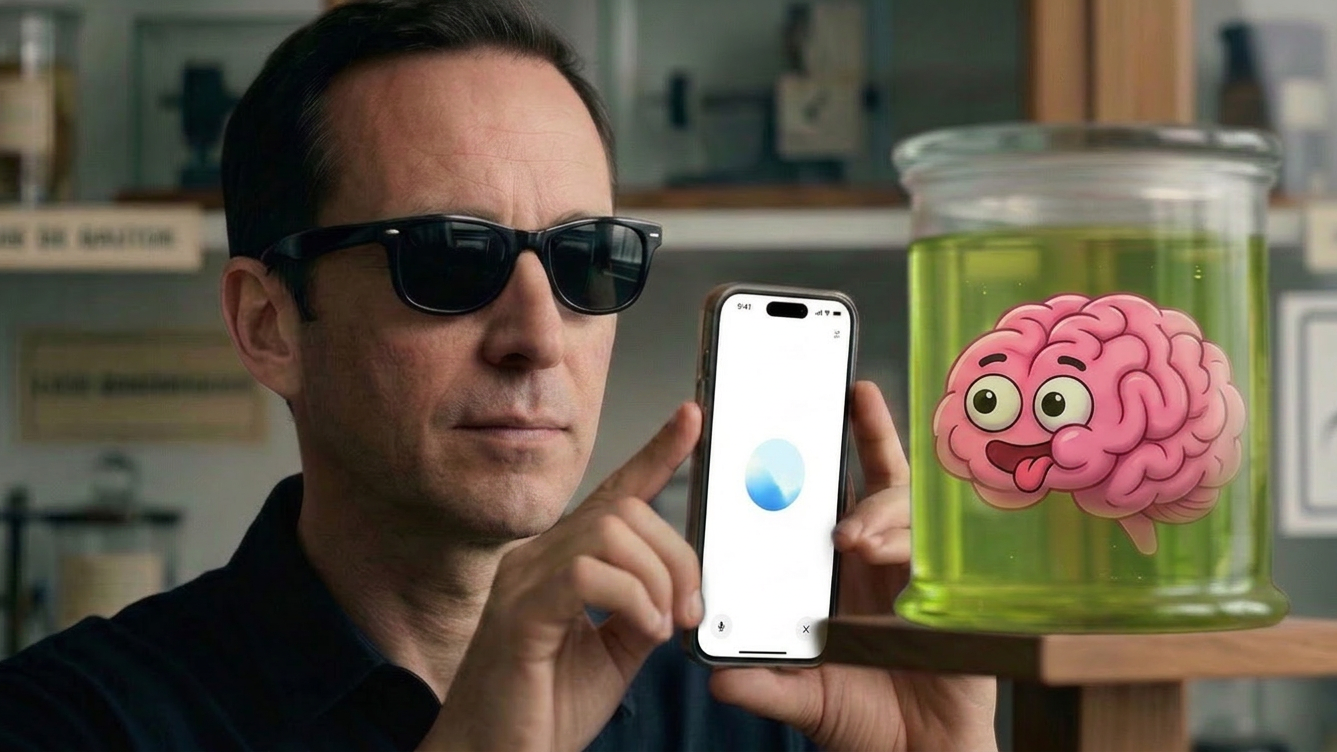 Un homme portant des lunettes noires tient un smartphone affichant un cercle bleu dans un décor de laboratoire. À sa droite, un bocal transparent rempli d'un liquide vert contient un cerveau rose de style dessin animé aux traits expressifs.