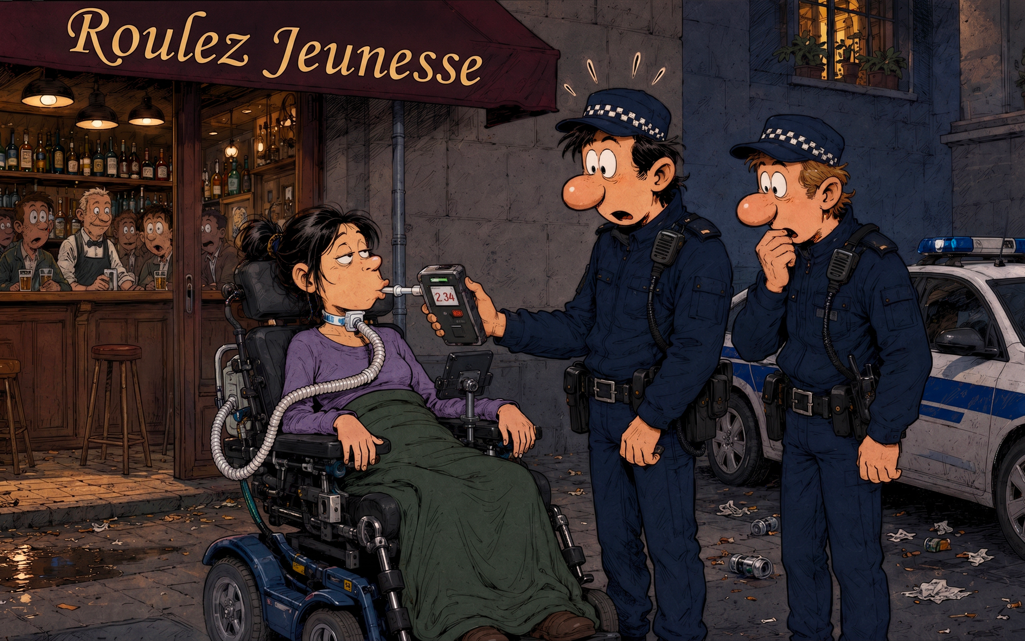 Dessin humoristique de style bande dessinée. La nuit, devant un bar dont l'enseigne indique « Roulez Jeunesse », deux policiers en uniforme contrôlent l'alcoolémie d'une jeune femme en fauteuil roulant électrique, équipée d'une assistance respiratoire reliée à une canule trachéale. L'éthylotest qu'ils lui présentent affiche 2.34. Bouches ouvertes et gouttes de surprise dessinées au-dessus de leurs têtes, les agents paraissent interloqués. Au fond, des clients accoudés au comptoir d'un bar éclairé sont aussi surpris ; le barman, un homme, sourit d'un air satisfait derrière le comptoir ; canettes et mégots jonchent les pavés de la rue.