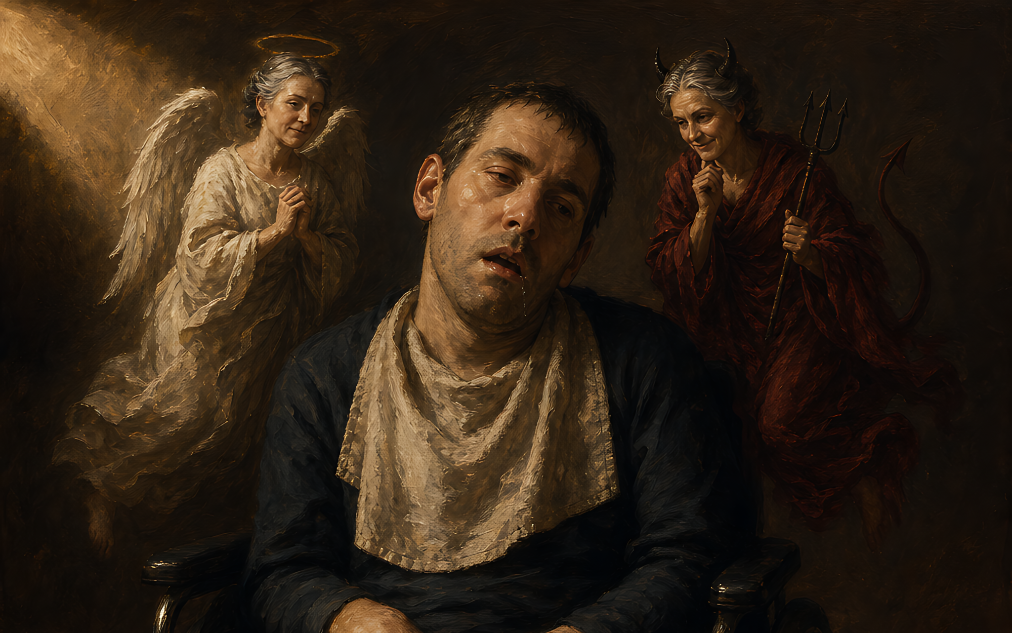 Peinture sombre représentant un homme assis dans un fauteuil roulant, vêtu de sombre et portant un bavoir clair, encadré par deux figures féminines aux traits similaires : à gauche un ange auréolé aux mains jointes, à droite un diable cornu en drapé rouge tenant un trident.