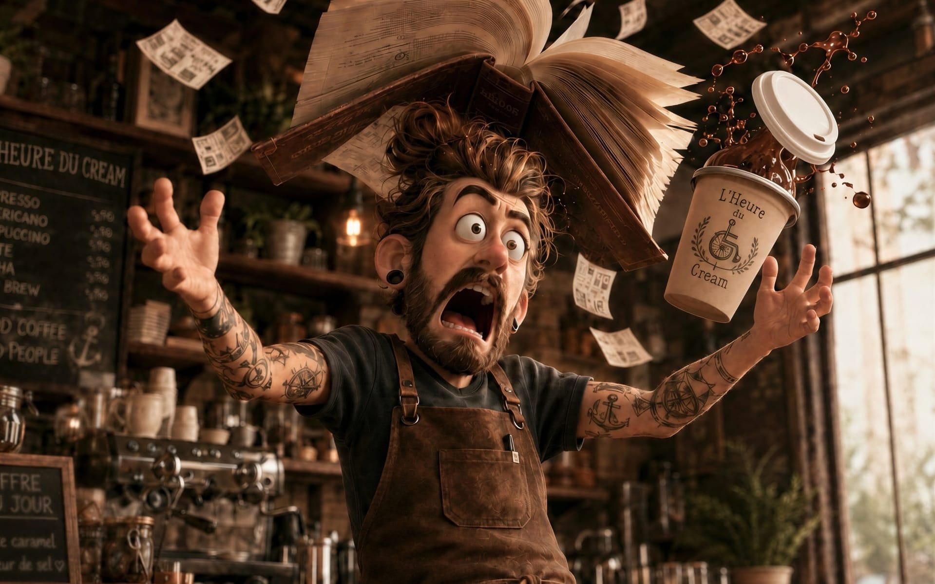 Illustration animée style 3D : un barista barbu en tablier de cuir, tatouages nautiques aux bras, crie en laissant échapper un gobelet de café qui se renverse, tandis qu'un gros livre relié flotte au-dessus de sa tête et que des feuilles de papier voltigent autour de lui. Le gobelet porte le logo « L'Heure du Cream » avec un pictogramme de fauteuil roulant. En arrière-plan, le décor d'un café avec machine à espresso et une ardoise affichant la carte (espresso, americano, cappuccino, mocha, cold brew).