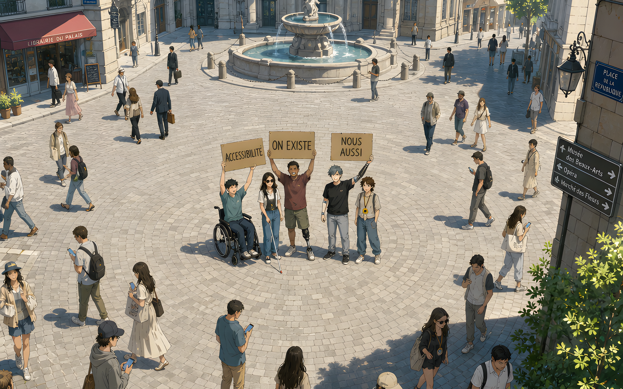 Sur une place pavée animée entourée de bâtiments anciens et d'une fontaine centrale, cinq personnes brandissent des pancartes en carton portant les inscriptions « Accessibilité », « On existe » et « Nous aussi ». Le groupe rassemble notamment une personne en fauteuil roulant, une personne avec une canne blanche et une personne avec une prothèse de jambe, tandis que les passants alentour semblent absorbés par leurs téléphones.