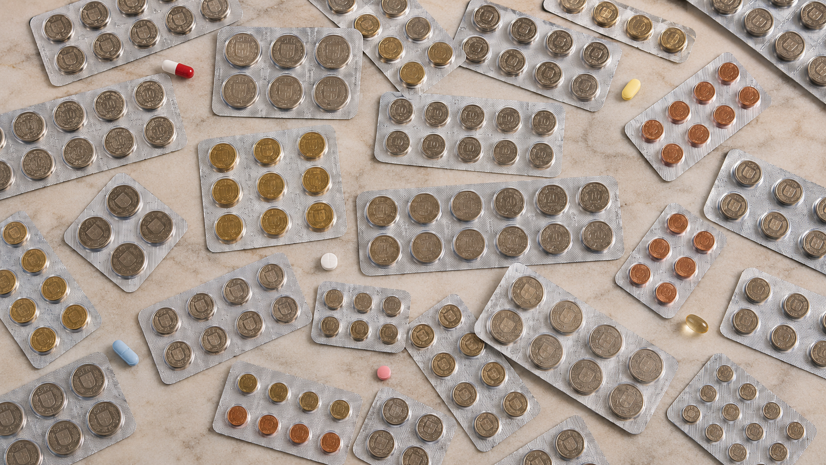 Nombreuses plaquettes de médicaments alignées sur une surface de marbre clair, dont les alvéoles contiennent des pièces de monnaie suisses au lieu de comprimés. Quelques gélules et comprimés colorés (rouge et blanc, blanc, rose, bleu, jaune) sont éparpillés entre les plaquettes.
