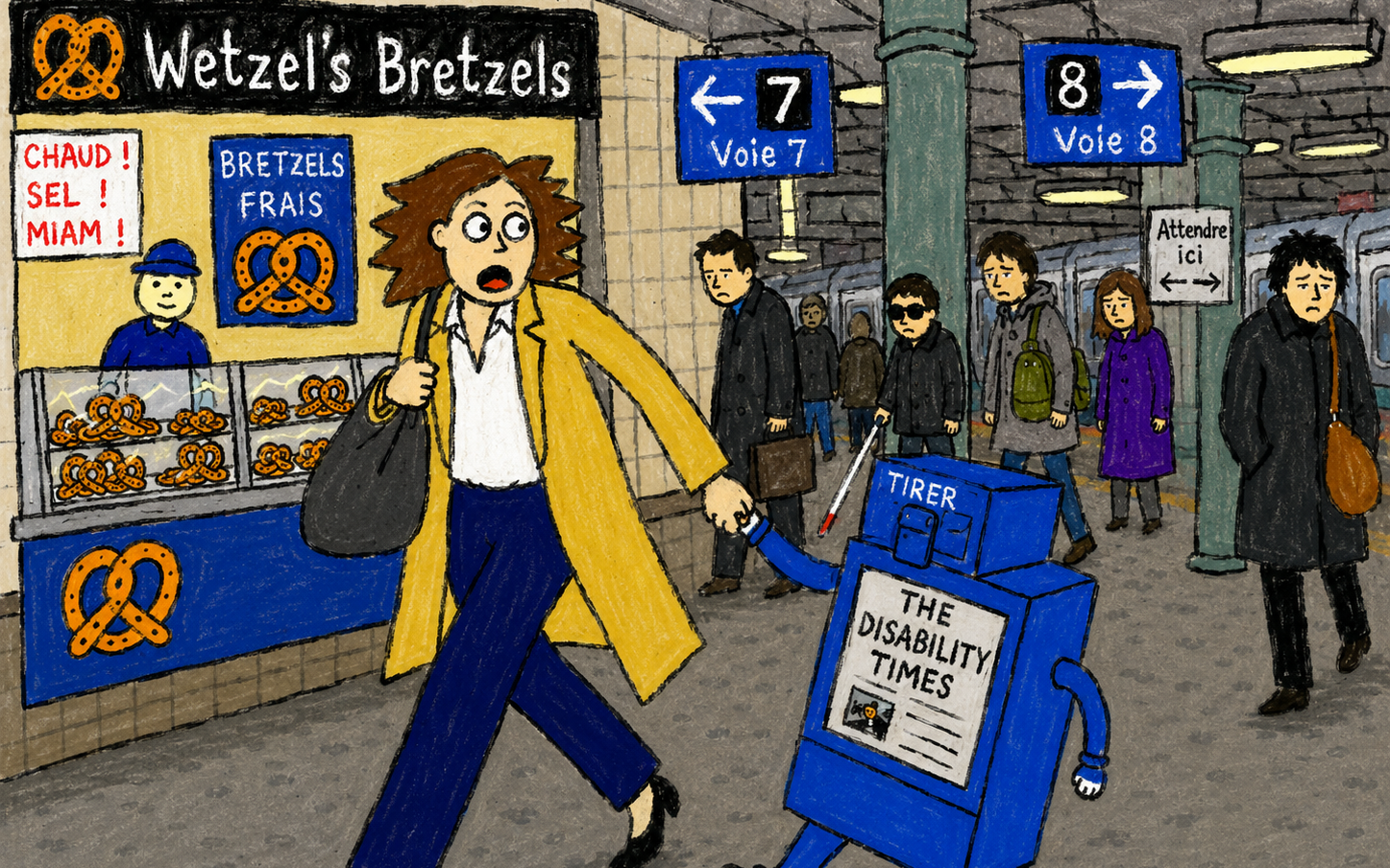 Dessin enfantin. Sur le quai d'une gare souterraine, une femme en manteau jaune, bouche ouverte et yeux écarquillés, avance en tenant par la main un distributeur de journaux bleu anthropomorphe. Celui-ci affiche derrière une vitre la une d'un journal titrée « THE DISABILITY TIMES », porte l'inscription « TIRER » sur le dessus. À gauche, un stand « Wetzel's Bretzels » avec les affiches « BRETZELS FRAIS » et « CHAUD ! SEL ! MIAM ! » ; à droite, des voyageurs en vêtements sombres et des panneaux « Voie 7 », « Voie 8 » et « Attendre ici » le long d'une rame à l'arrêt.