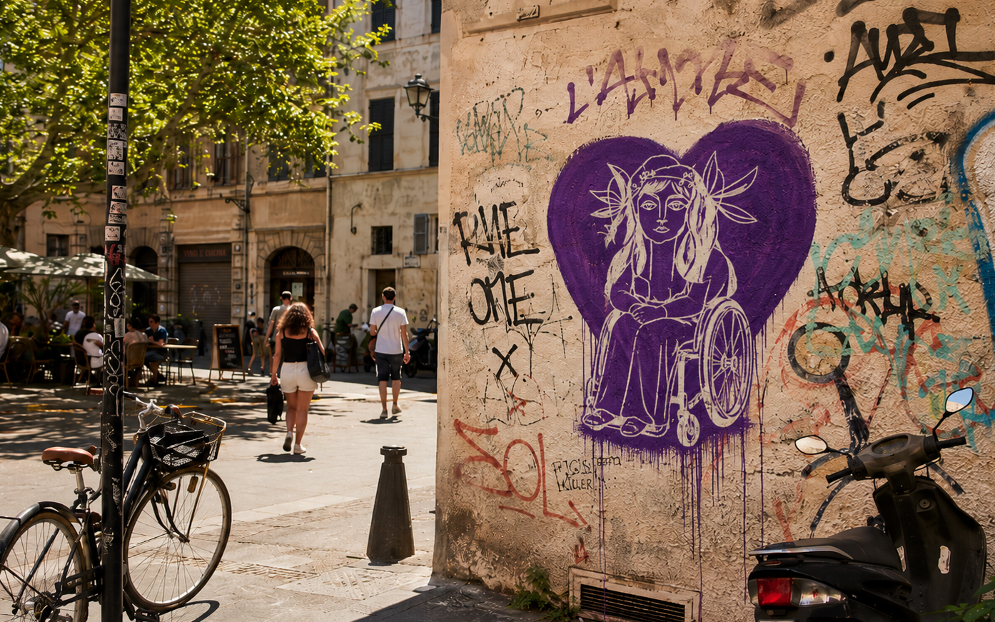 Fresque murale violette représentant une personne en fauteuil roulant devant un grand cœur, sur un mur couvert de graffitis dans une rue ensoleillée. Un vélo, un scooter et des passants apparaissent autour de la scène urbaine.