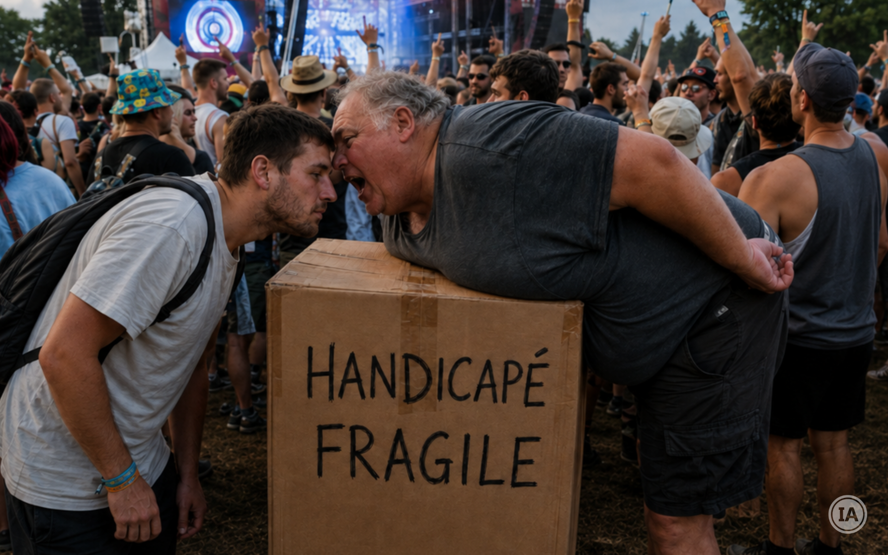 Dans la foule d'un festival de musique, un homme se penche par-dessus un carton portant l'inscription manuscrite « Handicapé fragile » pour hurler front contre front avec un autre festivalier.