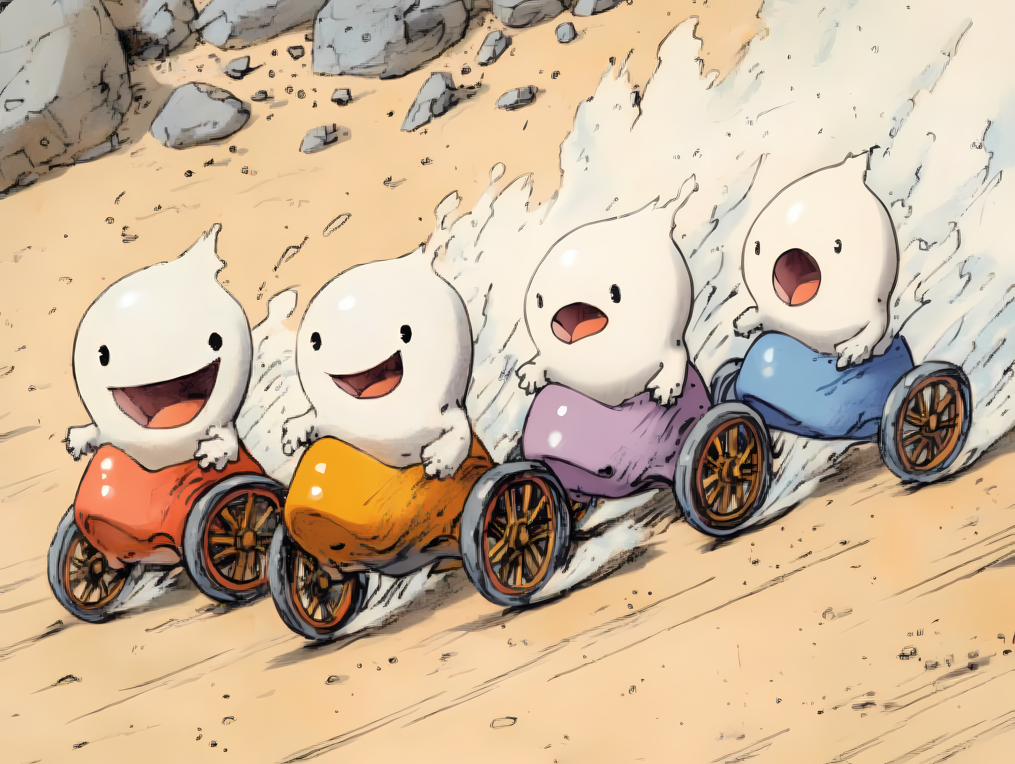 Quatre spermatozoïdes anthropomorphisés et souriants, en fauteuils roulants colorés (riouge, jaune, violet et bleu), dévalant à toute vitesse une pente dans un style manga.