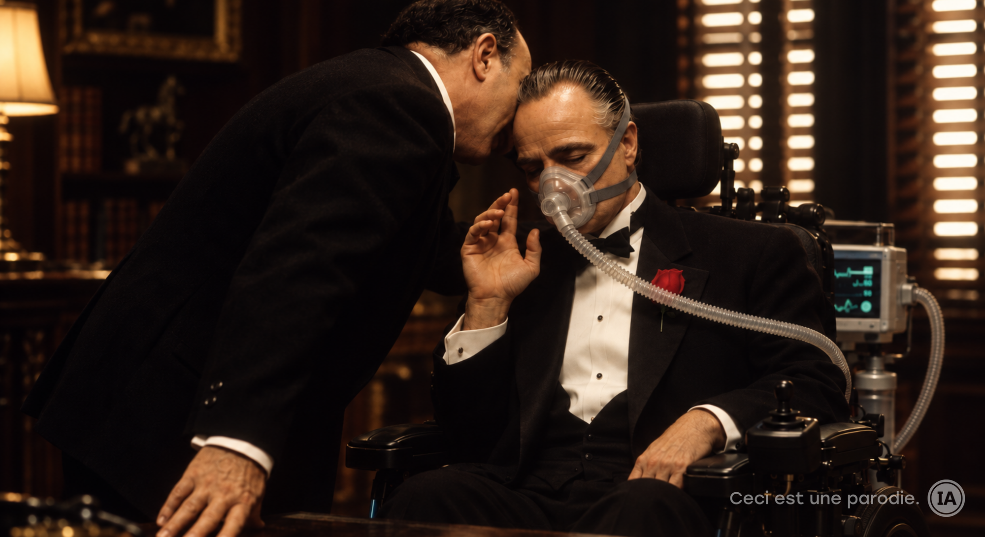 Un homme en costume se penche pour chuchoter à l'oreille d'un homme aux cheveux gris plaqués en arrière, dans une reconstitution de la scène du bureau du film « Le Parrain ». Vêtu d'un smoking noir avec une rose rouge à la boutonnière, ce dernier porte un masque de ventilation relié à un tube annelé et se tient dans un fauteuil roulant électrique ; un moniteur médical placé près de lui affiche un tracé cardiaque.