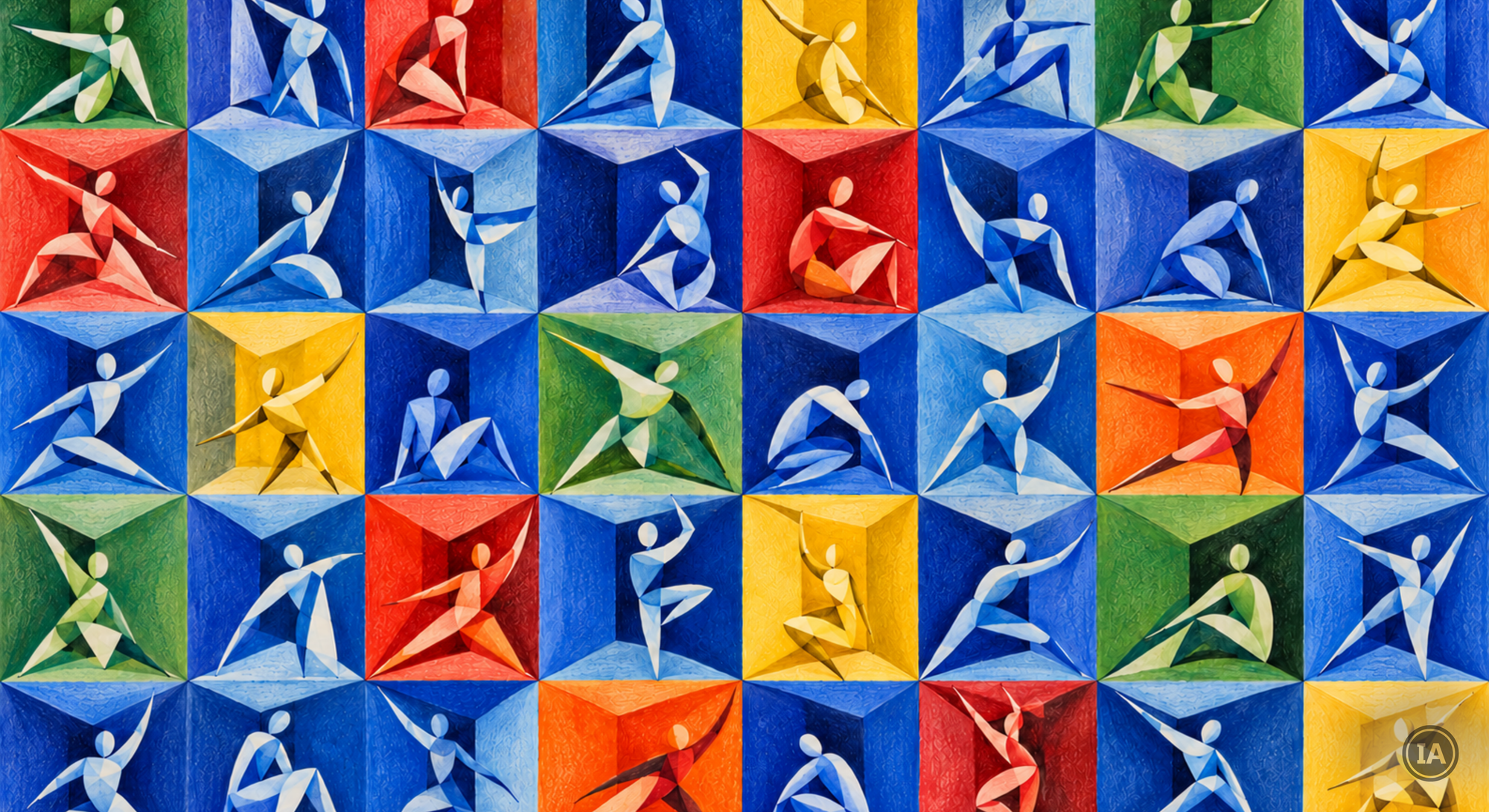 Dessin aux crayons de couleur de style cubiste. Une grille de cubes en perspective, surtout bleus, avec quelques faces rouges, orange, jaunes et vertes. Dans chaque case, une silhouette humaine nue et stylisée, sans visage, prend une pose en mouvement : bras levés, jambe tendue, torse penché.