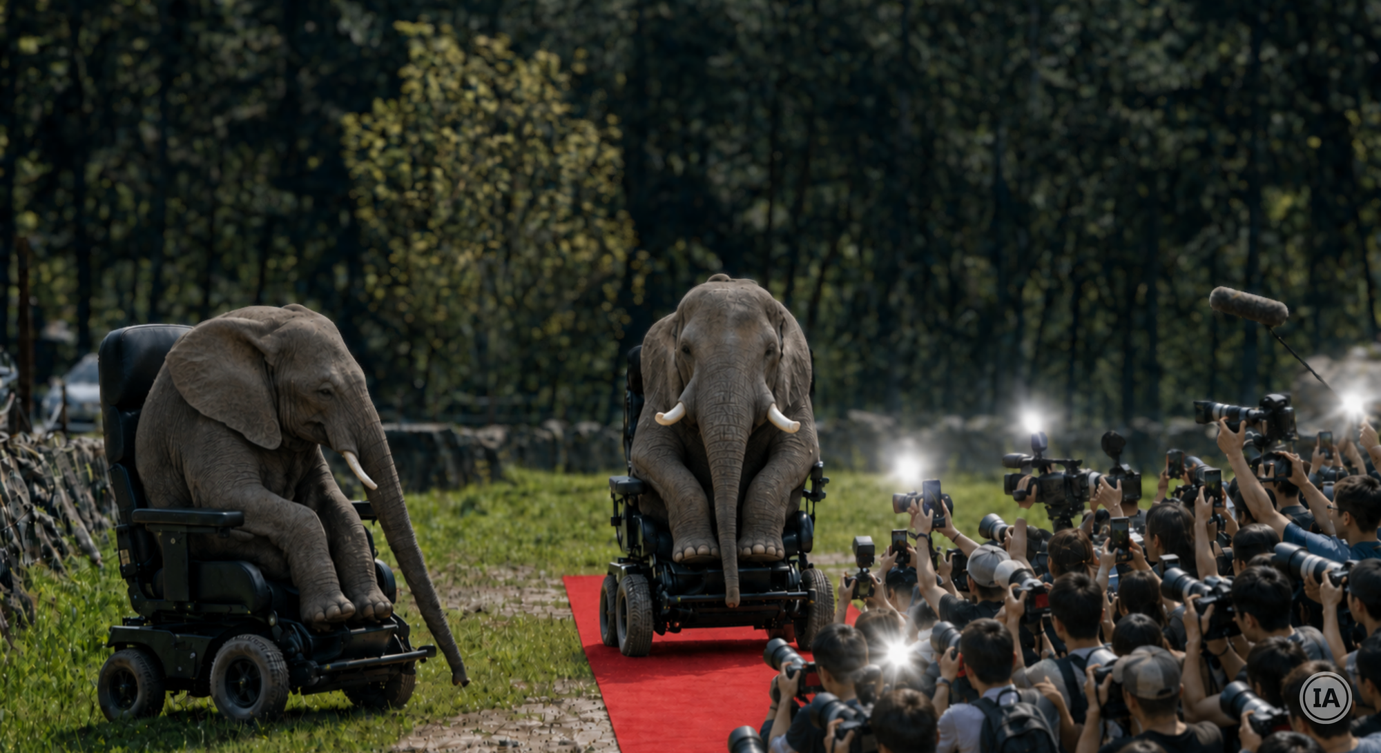 Image générée par IA. Deux éléphants assis chacun dans un grand fauteuil roulant électrique sur un chemin herbeux bordé d'une forêt. Celui de droite avance sur un tapis rouge vers une foule de photographes et de cadreurs qui le mitraillent, flashes allumés et perche de micro tendue.