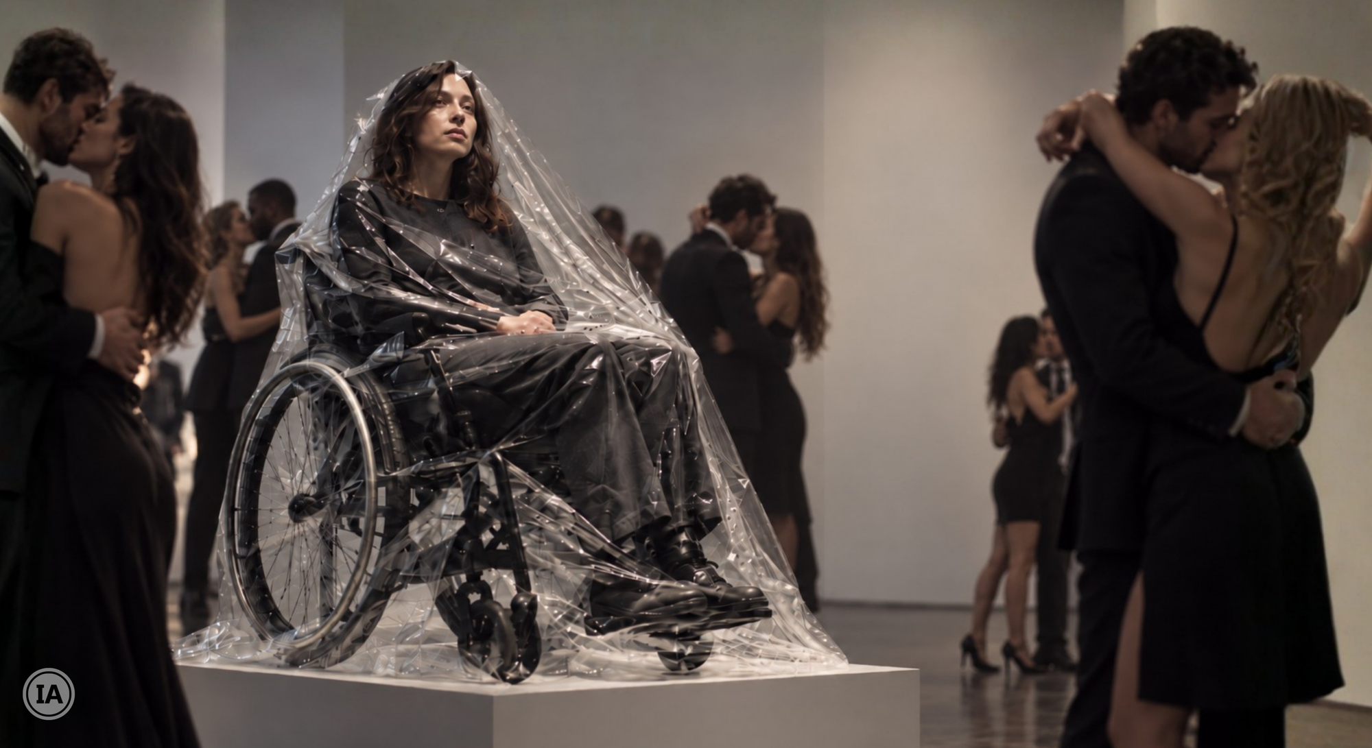 Femme aux longs cheveux châtains, vêtue de noir, assise dans un fauteuil roulant manuel posé sur un socle blanc et entièrement recouverte d’une bâche plastique transparente, le regard levé. Autour d’elle, dans une salle aux murs blancs, des couples en tenue de soirée noire s’embrassent et s’enlacent.