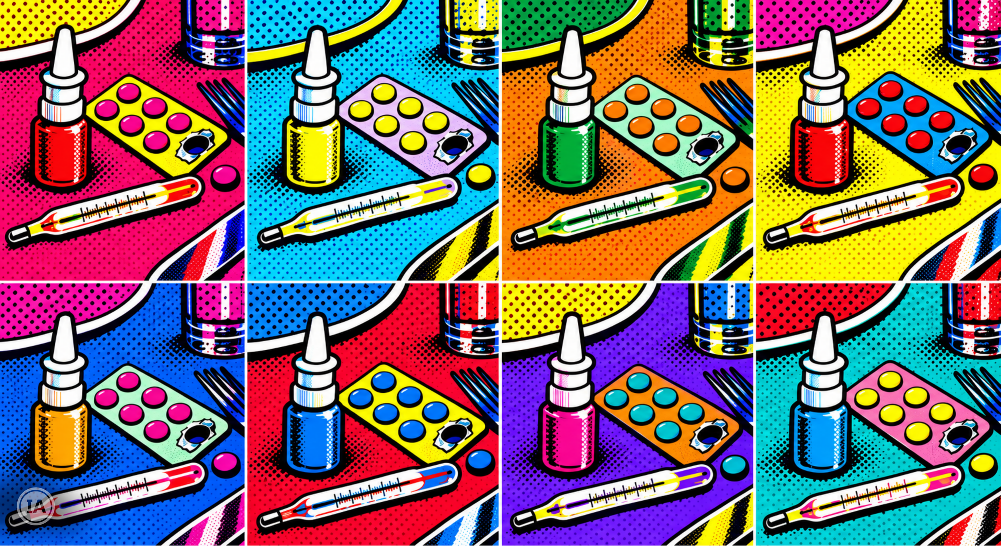 Huit vignettes de style pop art reprenant la même nature morte dans des couleurs vives différentes, avec un spray nasal, une plaquette de comprimés entamée, un comprimé isolé, un thermomètre, un verre et une fourchette, sur une trame de points.