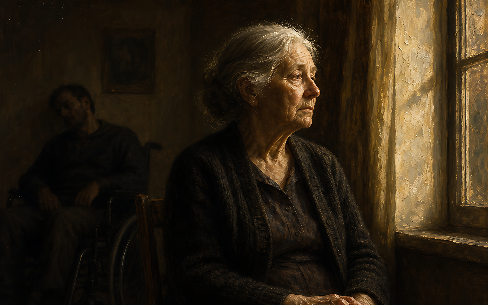 Illustration représentant Catherine, assise près d'une fenêtre