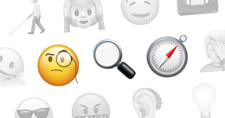 Émojis colorés : pensif, loupe, boussole. Grisé : personne à canne blanche, VHS, ampoule, oreille, visages.