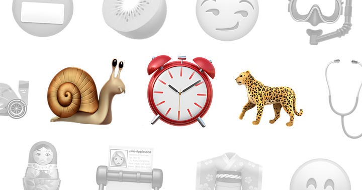 Emojis colorés au centre : escargot, réveil rouge, guépard. Entourés d'emoji grisés divers.