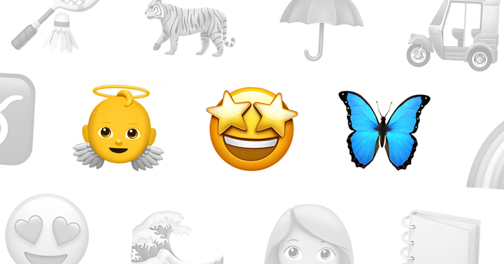 Emojis colorés (ange bébé, visage étoilé, papillon bleu) entourés d'icônes grises variées sur fond blanc.