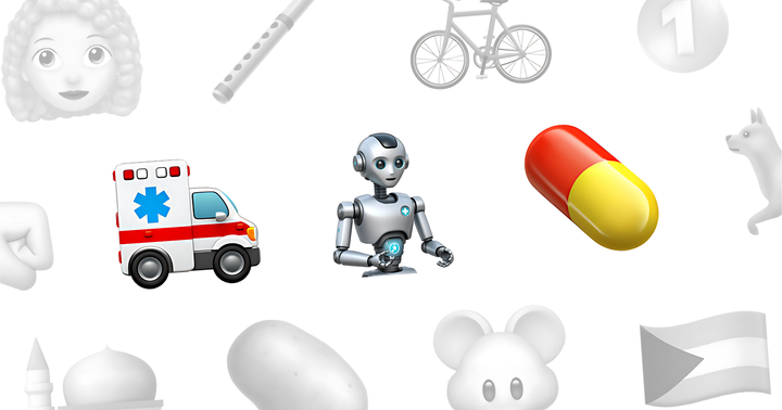 Les emojis d’une ambulance, d’un robot humanoïde et d’une capsule de médicament se détachent sur un fond d’emojis divers, estompés et en nuances de gris.
