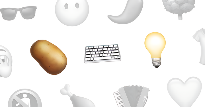 Collage de pictogrammes majoritairement grisés. Au centre, une pomme de terre, un clavier d'ordinateur et une ampoule se distinguent par leurs couleurs vives.