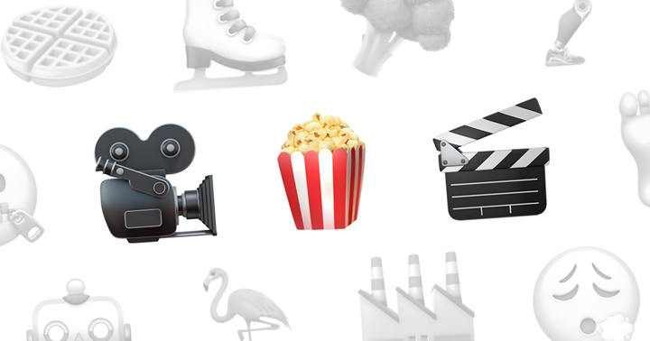 Une caméra de cinéma de style vintage, un cornet de popcorn rouge et blanc et un clap de tournage entourent diverses icônes grisées et estompées.