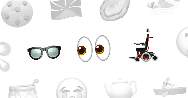 Collage de divers emojis, trois éléments sont mis en évidence en couleur : une paire de lunettes de vue, des yeux regardant vers les lunettes et un fauteuil roulant électrique.