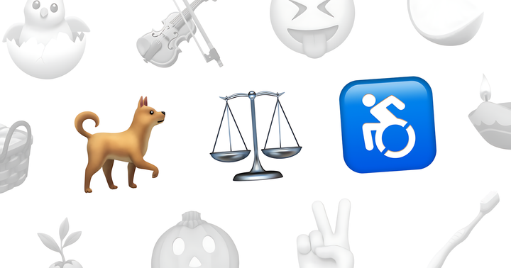 Les emojis d'un chien, d'une balance ancienne et du logo international du handicap stylisé se détachent sur un fond d’icônes diverses, estompées et en nuances de gris.