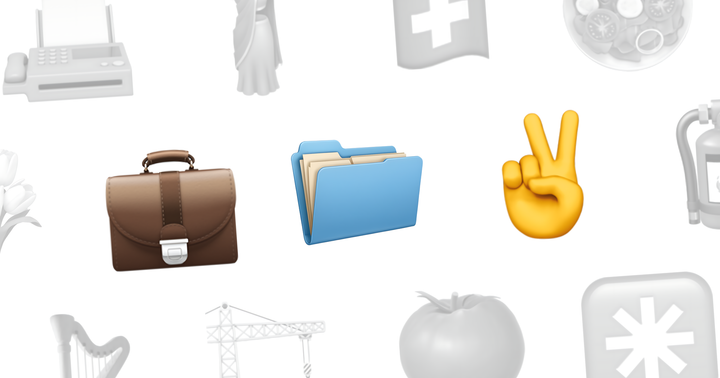 Les emojis d'une mallette de travail, d’un dossier rempli de documents et d’une main avec deux doigts levés se détachent sur un fond d’icônes diverses, estompées et en nuances de gris.