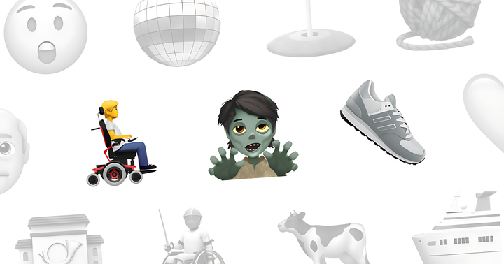L'emoji d’une personne en fauteuil roulant électrique, celui d’un zombie et d’une basket se détachent sur un fond d’emojis divers, estompés et en nuances de gris.
