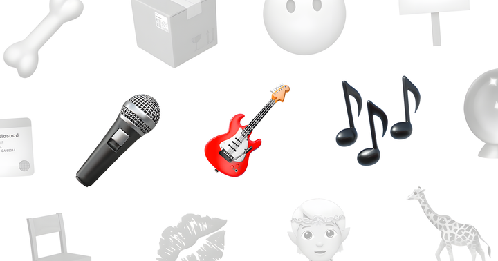 Les emojis d’un micro, d’une guitare électrique et de trois notes de musique se détachent sur un fond d’emojis divers, estompés et en nuances de gris.