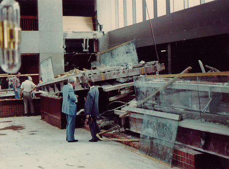 engineers looking at the aftermath of the Hyatt Regency walkway collapse disaster