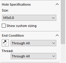Next the user sets the size needed; hundreds of combinations exist, depending on the parent settings. The End Condition of the hole is specified next, and most of the standard Solidworks options, such as Through All and Up to Surface, can be used.
