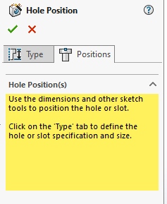 Once the user has specified the Hole Type the positions tab is then used to choose a selected face or plane for the holes. The Point Tool can then we used to add as many holes as are required and these can be fixed in place using Relations and Dimensions.