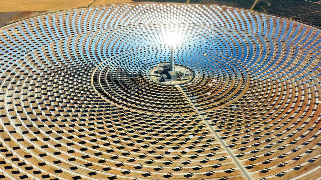 Solar panels in a large thermal circular power plant in Spain.