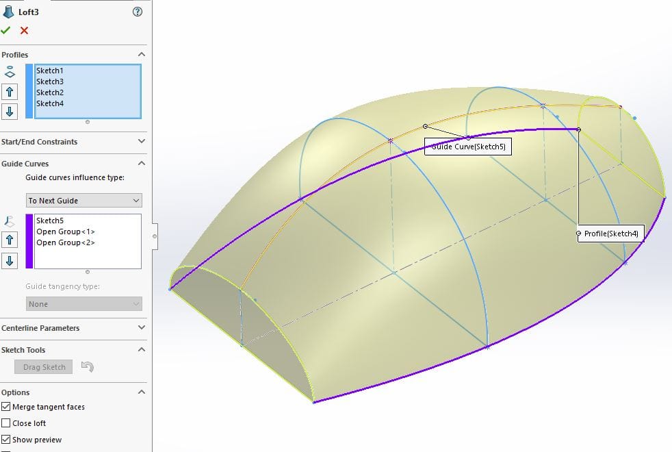 When creating a Loft in SolidWorks, automatic guide curves, called Connectors, are used to guide the form between the Loft Profiles. 