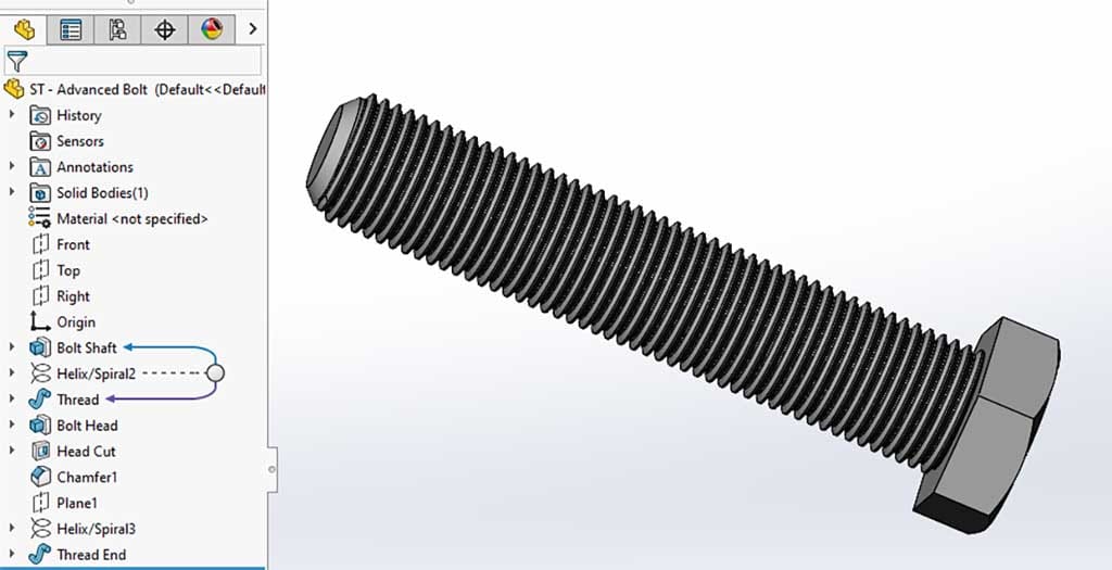 solidworks external thread: a typical Feature Tree for an old-style thread feature