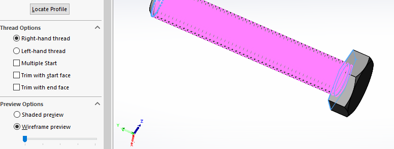 solidworks external thread: Set any further sub-options, if needed