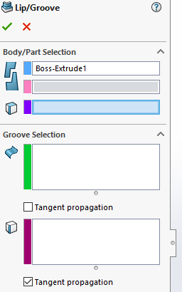 SOLIDWORKS lip and groove: With a body selected, the position of the lip/groove can then be set by selecting the face and edge