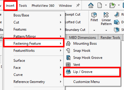 SOLIDWORKS Lip/Groove Tool Location
