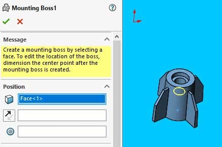 Solidworks mounting boss feature tutorial: Set the Mounting Boss position