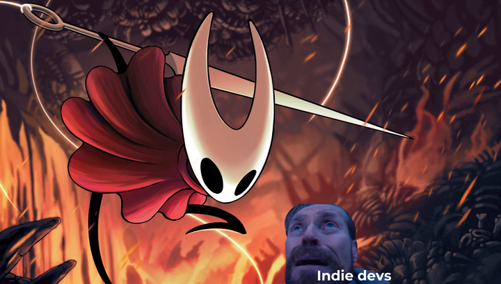 Hornet from Hollow Knight: Silksong looms with a weapon while Willem Dafoe’s meme face labeled 'Indie devs' looks up, symbolizing indies facing Silksong’s launch.
