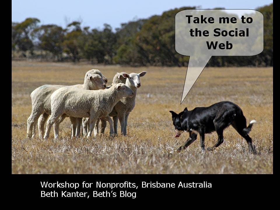 Introduction slide to workshop. Five sheep in a paddock being stared down by a black dog.