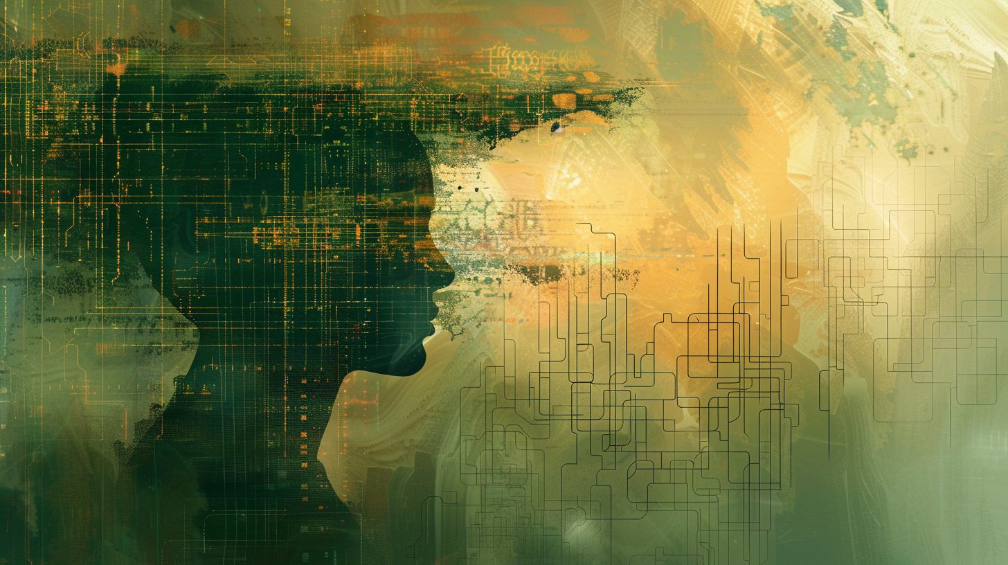 An abstract illustration of a human profile dissolving into streams of light and data grids.