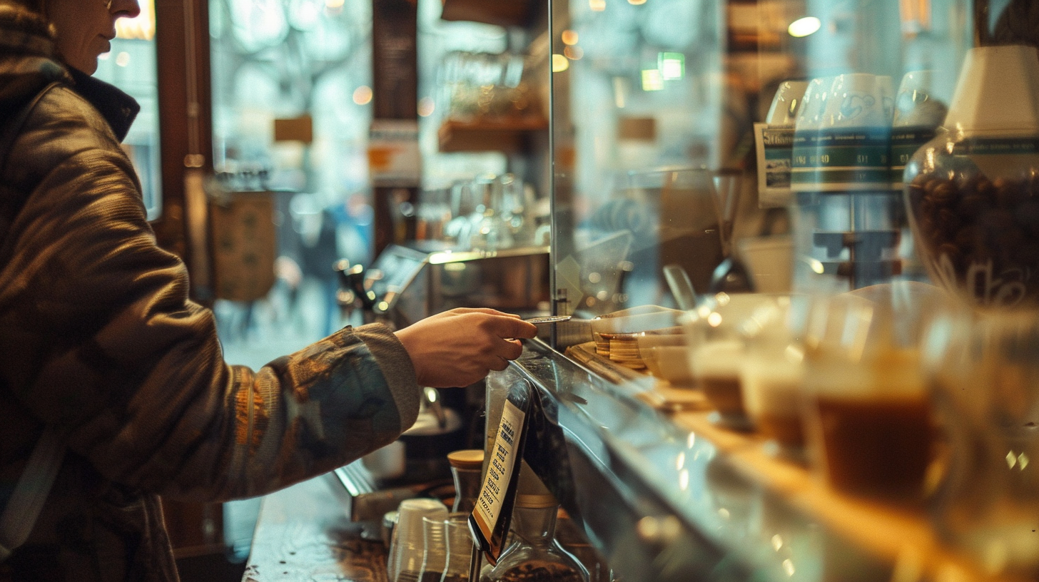 A candid café scene with someone paying at the counter.